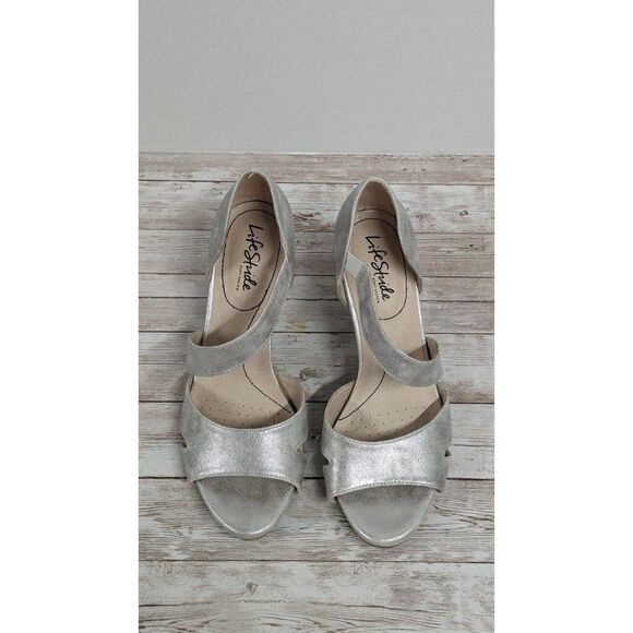 Life Stride Mega Womens Size 8.5 M Silver Leather Slip On Pump Stiletto Heels - Picture 2 of 10
